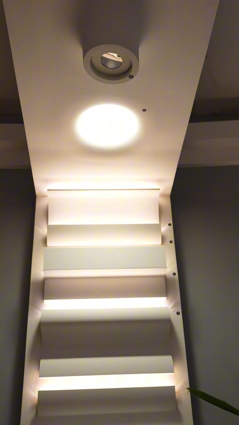Escalier avec des bandes d’éclairage encastrées dans la corniche le long de chaque marche