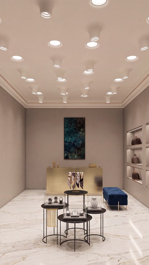 Intérieur moderne d’une salle d’exposition avec éclairage encastré au plafond et corniche