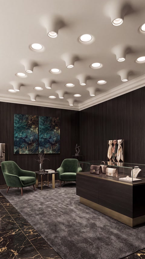 Pièce à ambiance sombre avec plusieurs luminaires encastrés au plafond