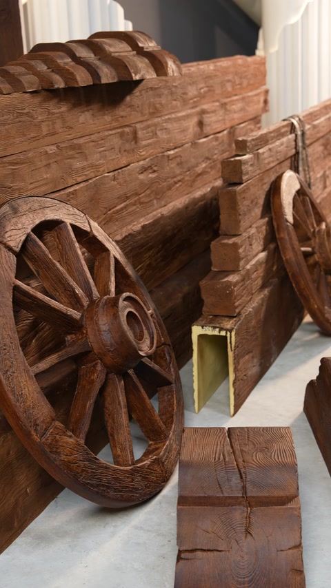 Scène de présentation avec une roue de charrette et des poutres imitation bois empilées