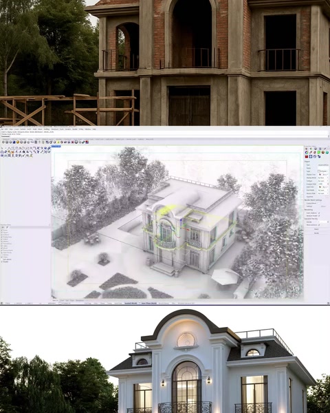 Renderovana vizuelizacija završene vile sa uređenjem terena i osvjetljenjem