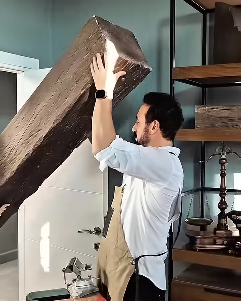 Man lifts textured beam overhead beside workshop shelving unit
