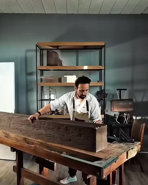 Craftsman inspects wood-look beam laid across workbench in studio