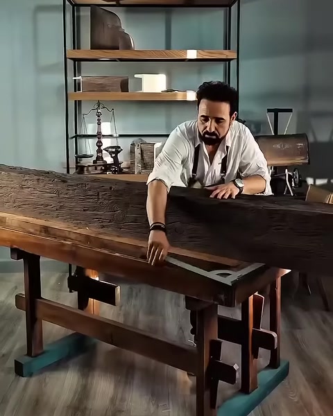 Worker examines dark rustic beam surface on wooden trestle table