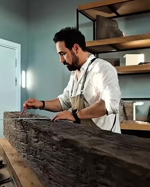 Craftsman marks measurements on rustic beam with pencil