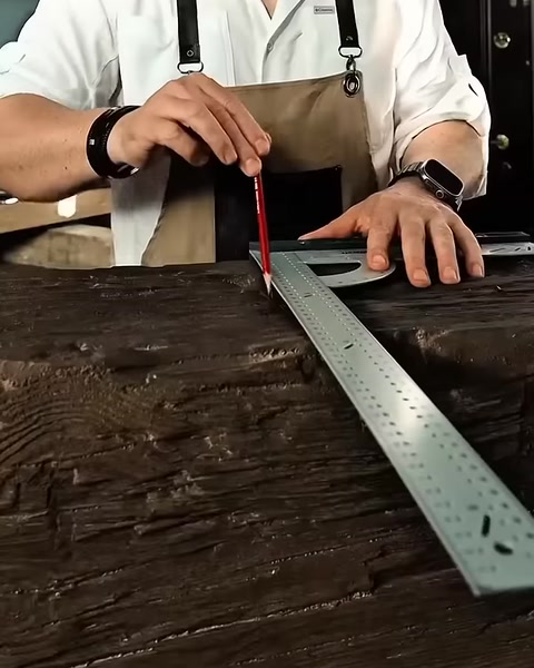 Close-up of hand measuring beam edge with steel square