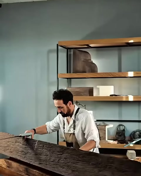 Craftsman works along beam length at workshop bench