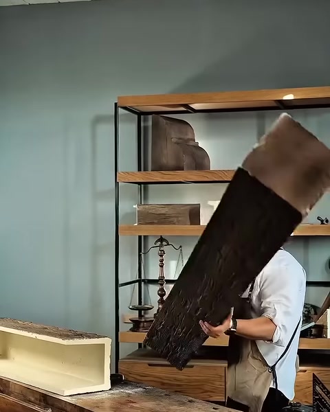 Man tilts light-toned wood-look beam upright in workshop