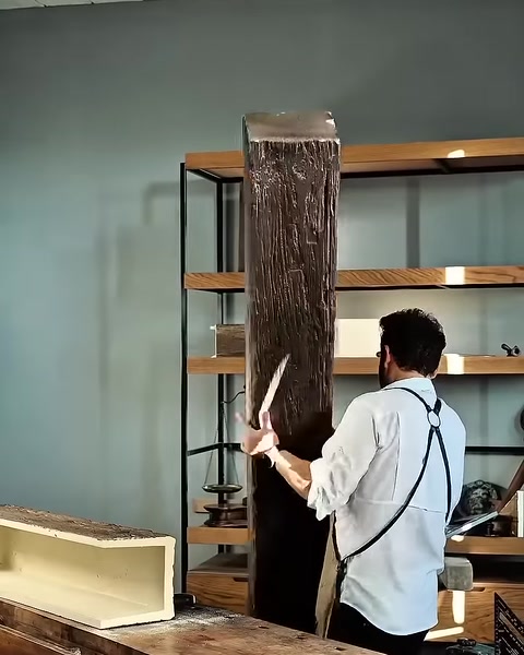 Craftsman trims beam corner with utility knife at bench