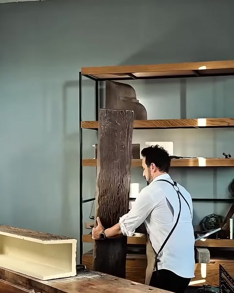 Worker fits mitered corner piece onto beam end