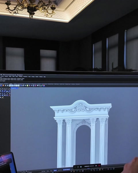 3D model detail zobrazuje obloukový otvor oramovaný pilastrními sloupy