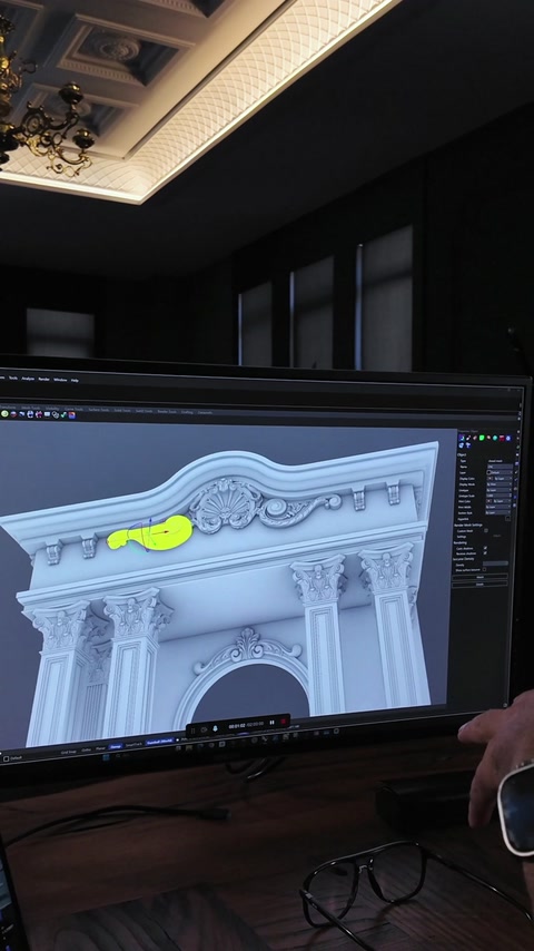 3D απόδοση υπογραμμίζει τη λεπτομέρεια σπείρας ακάνθου στην κορυφή της κυρτής κορνίζας