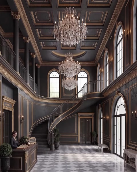 Sala scalone scura con lampadari di cristallo e colonne pannellate