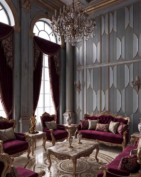 Soggiorno con grande lampadario, tende rosse e divani decorativi