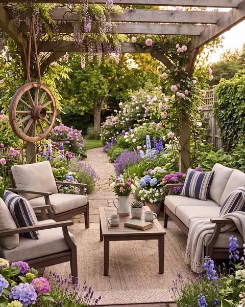 Area salotto sotto pergola da giardino con decorazione a ruota in legno e fiori