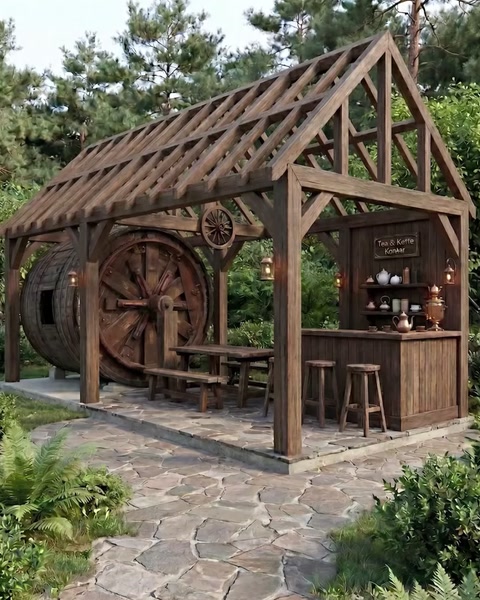 Struttura bar esterna in legno sotto pergola con accenti a ruota rustici