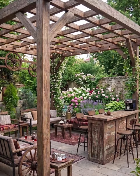 Area salotto sotto pergola con travi in legno e fiori da giardino circostanti