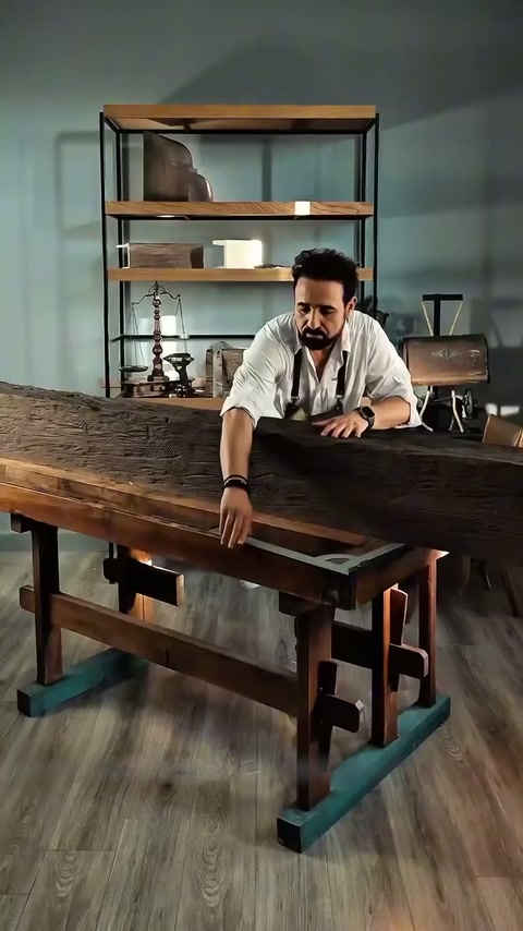 Un artisan prépare une longue poutre décorative imitation bois sur un établi d’atelier.