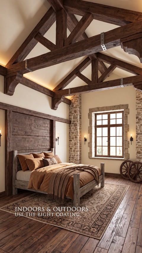 Des poutres de plafond et des chevrons installés apportent de la chaleur à une chambre rustique.
