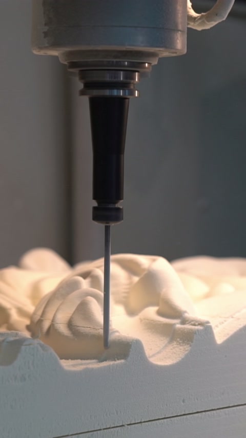 Ein CNC-Werkzeug fräst ein ornamentales Motiv in ein dekoratives Bauteil.