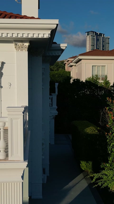 Eine kannelierte Außensäule und ein reich verziertes Kapitell rahmen einen schattigen Eingang.