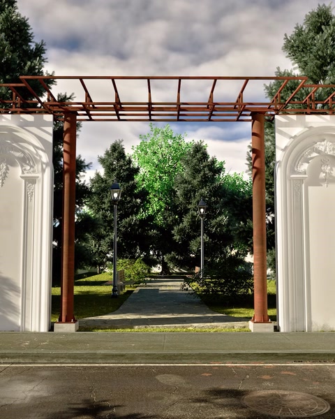 3D vizualizacija įėjimo portalo su kolonomis, vedančiomis į sodo taką