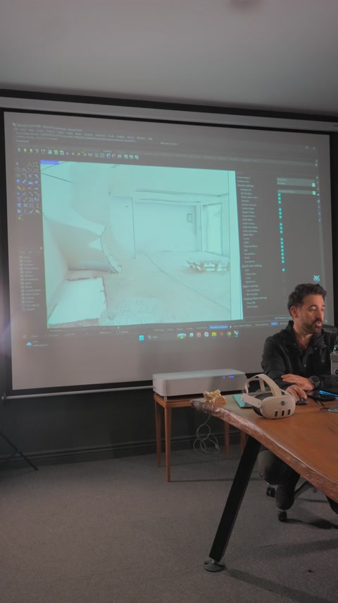 Digital interior model shows room openings and curved architectural geometry