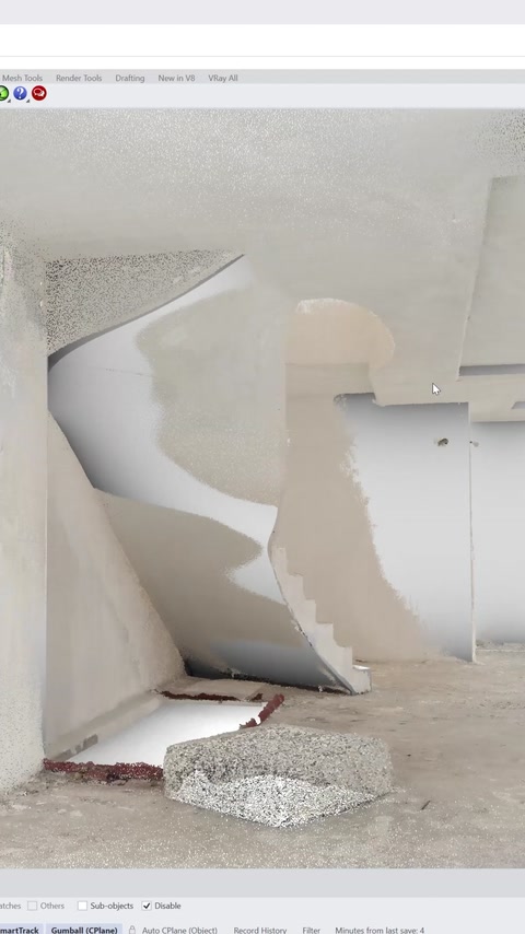 Unfinished curved staircase provides the real-world source for digital modeling