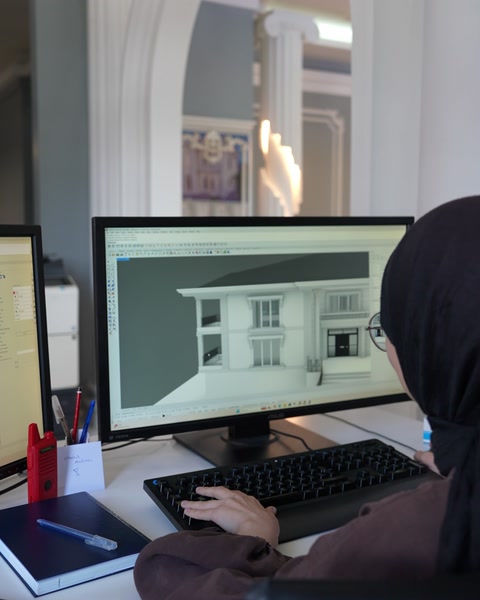 Architectural workstation showing a villa elevation with balanced facade details