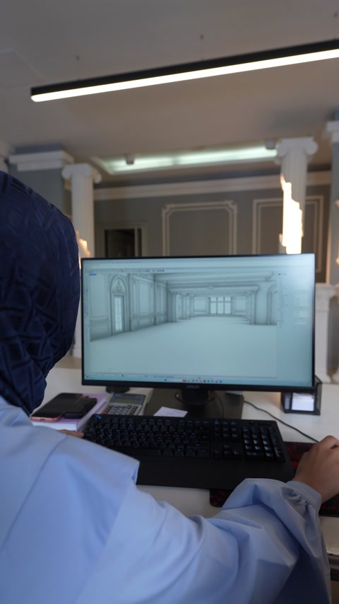 Architektonická štúdia na obrazovke s pohľadom na vilu a ostením okien