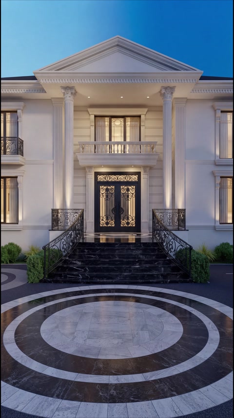 Villa Facade Design with Pilasters, Arches and Mouldings
