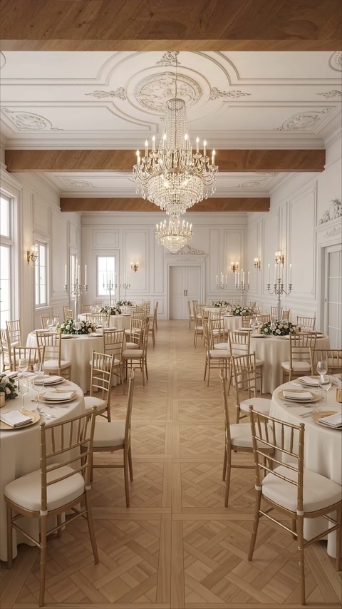 Elegantný interiér jedálne so stropnými lištami, stenovými panelmi a lustrami