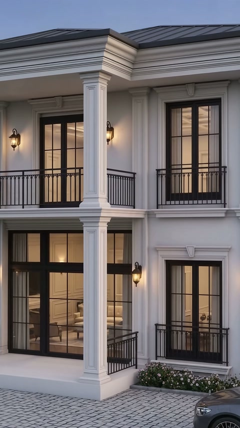 Detail exteriéru zobrazujúci zložené stĺpy, kartonpyery a zábradlia balkónu