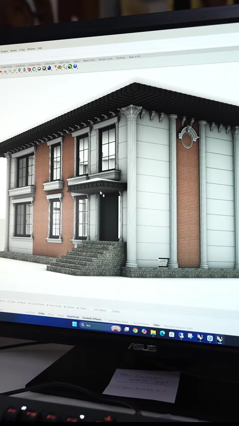 Le rendu du design de la villa montre des moulures et fenêtres décoratives extérieures