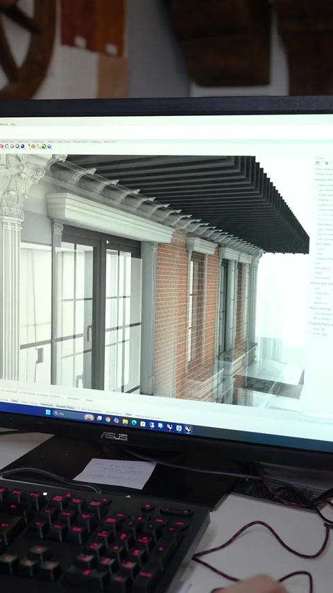 La vue rendue de l'entrée met en valeur les corniches, moulures et détails de façade