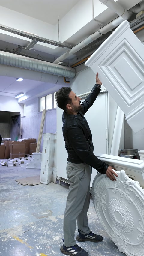 Relevo decorativo colocado contra um painel arquitetónico alto emoldurado