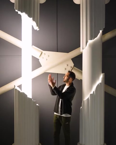 Man touching decorative column showing integrated LED lighting detail
