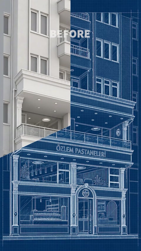 Komerční fasáda ve srovnání se svým koordinovaným architektonickým výkresem