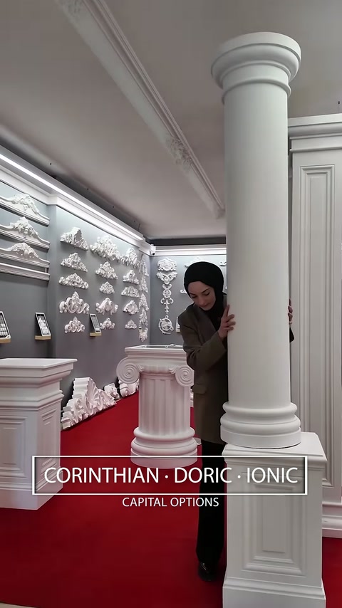 Une colonne ronde lisse est présentée à côté de modèles de chapiteaux décoratifs et de pilastres.