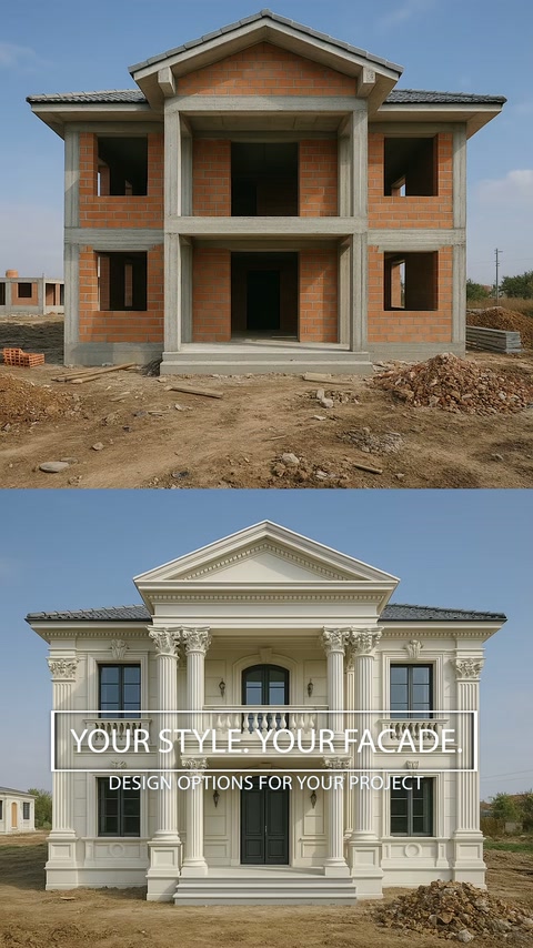 Un bâtiment inachevé est comparé à une visualisation de façade conçue avec des colonnes classiques.