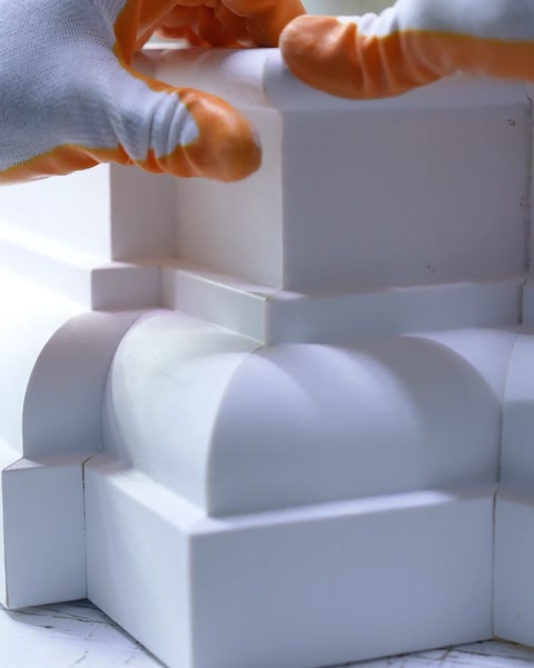 Gloved hands fitting a decorative capital block in the workshop