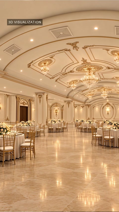 Visualisation 3D large montrant l'intérieur coordonné de la salle de mariage