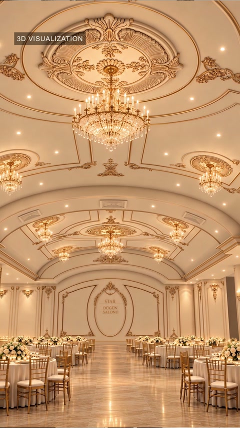 Médaillons de plafond et lustres alignés dans la conception de la salle rendue
