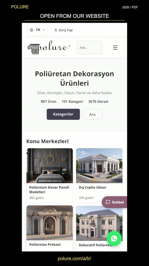 Mobilní web zobrazuje kategorie polyuretanové dekorace a možnosti přístupu ke katalogu.