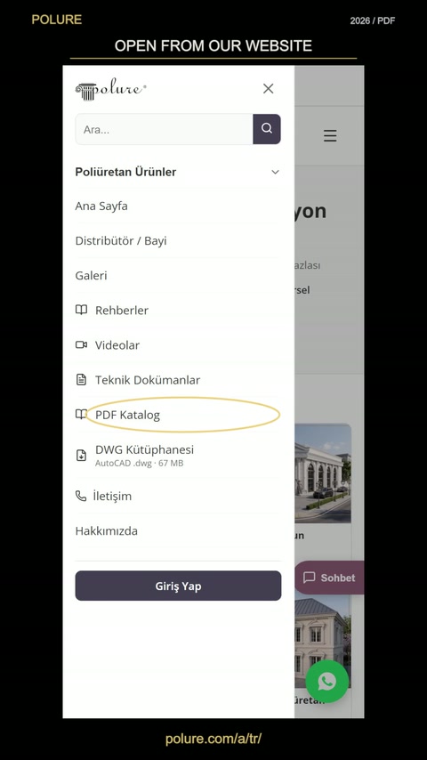 Rozbalená mobilní nabídka zvýrazňuje položku pro přechod do katalogu v PDF.