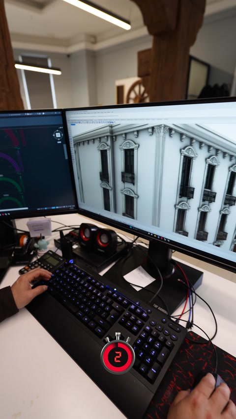 Návrhář kontroluje detailní trojrozměrný model fasády na dvou monitorech.