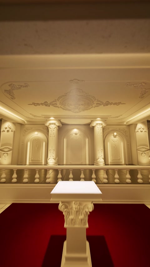Klasický interiér kombinuje stropní ornamenty, balustrády, sloupy a podstavec.