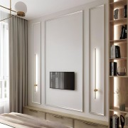 Poliurethan TV-Wandverkleidung im modernen klassischen Design Elegante Gestaltung mit Poliurethan-ProfilenDie Wand ist mit rechteckigen Poliurethan-Rahmen versehen, die klare Geometri