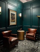 Modern classic lounge with polyurethane wall panels and leather accents