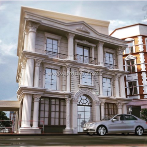 Klassische Hotel Fassade mit Polyurethan Säulen und Ornamenten <h2>Klassische Fassadengestaltung mit Polyurethan</h2><p>Die dargestellte Hotelarchitektur spiegelt eine gelungene Kombination aus klassischer Formensprache und moderner Materialtechnologie wider. Mit <strong>Polyurethan</strong>-Elementen lassen sich filigrane Ornamente, kraftvolle Kolossalordnungen und elegante <strong>Fassadendetails</strong> umsetzen. Besonders hervorzuheben sind die korinthischen Kapitelle, die reich verzierten Gesimse und die rhythmisch angeordneten Pilaster.</p><p>Die harmonische Gliederung der Fensterachsen wird durch rundbogige Portale und profilierte Rahmungen betont. Reliefartige Schmuckmotive an den Konsolen und Kapitellen verleihen der Fassade Tiefe und Schattenwirkung. Solche <strong>klassischen Motive</strong> gehen auf die historischen Vorbilder der römischen und griechischen Antike zurück, in denen Säulenordnungen als Ausdruck von Würde und Beständigkeit galten.</p><p>Dank <strong>modularer Systeme</strong> bietet Polyurethan die Möglichkeit, dekorative Bauteile leichter, witterungsbeständig und wartungsarm zu fertigen. Dadurch ergibt sich eine Verbindung von traditionellem Stil und technischer Innovation.</p><h2>Gestalterische Details</h2><ul><li>Symmetrische Fensterrahmen mit betonten Gesimsen</li><li>Korinthische Kapitelle mit organisch anmutenden Flächen</li><li>Strukturierte Oberflächen durch horizontale Gliederungen</li><li>Rundbogenportal mit rhythmisierter Pfeilerstellung</li></ul><p>Die Kombination aus rhythmischer Geometrie, stilisierten Ornamenten und dem Einsatz langlebiger Materialien schafft einen repräsentativen Gesamteindruck. So entsteht ein <strong>architektonisches Konzept</strong>, das Eleganz, Funktionalität und Dauerhaftigkeit miteinander vereint.</p>
<p>Diese Fassade zeigt klassische Ordnung und Eleganz. Polyurethan ermöglicht filigrane Details mit Leichtigkeit. Säulen mit korinthischen Kapitellen betonen die Vertikale. Rundbogenportale geben dem Bau eine monumentale Wirkung. Horizontale Gliederungen schaffen Balance und Ruhe. Reliefmotive setzen feine Akzente. Die Materialien bleiben wetterbeständig und pflegeleicht. Klassische Architekturtradition wird neu interpretiert. Fensterformen sind rhythmisch gegliedert. Gesimse und Ornamente fügen Tiefe hinzu. Das Konzept verbindet Geschichte und Moderne. Polyurethan bietet vielfältige Gestaltungsfreiheit. Dekorative Flächen bleiben leicht und stabil. Ein hochwertiges Erscheinungsbild wird gewährleistet. Diese <strong>architektonische Gestaltung</strong> vereint Ästhetik und Dauerhaftigkeit.</p>